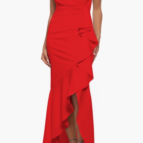 Betsy & Adam Red Ruffled v neck Gown - Picture 1 of 5